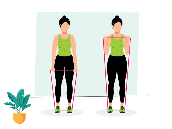 Femme faisant des flexions de biceps avec bande  Illustration