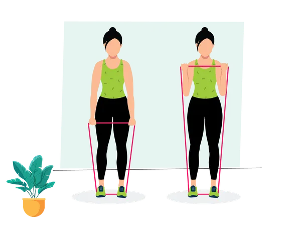 Femme faisant des flexions de biceps avec bande  Illustration