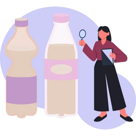 Femme faisant des recherches sur une bouteille de boisson  Illustration