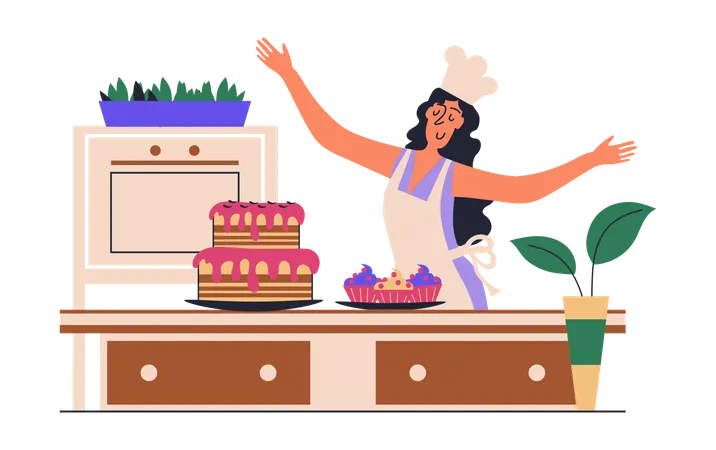 Femme faisant des desserts et décore des desserts à la cuisine  Illustration