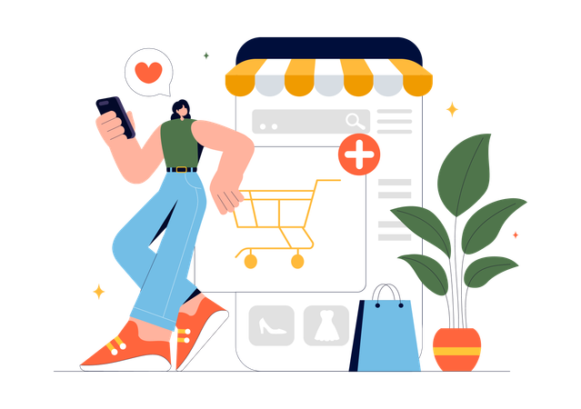 Femme utilisant une application de commerce électronique  Illustration