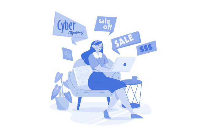 Femme faisant du shopping le cyber lundi  Illustration