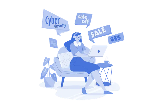 Femme faisant du shopping le cyber lundi  Illustration