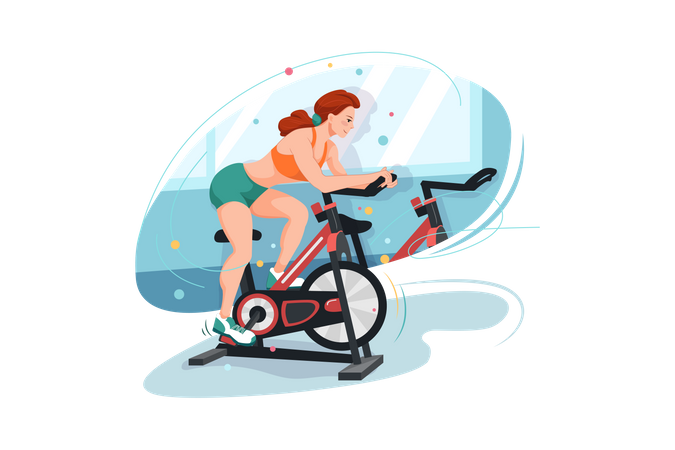 Femme faisant du vélo dans la salle de sport  Illustration