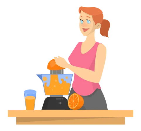 Femme préparant du jus d'orange frais  Illustration