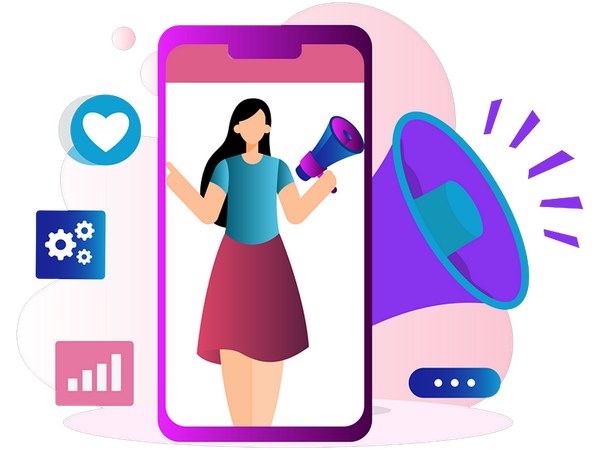 Femme faisant du marketing d'applications mobiles  Illustration