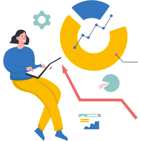 Femme faisant du marketing numérique avec un ordinateur portable et des outils d'analyse de données  Illustration