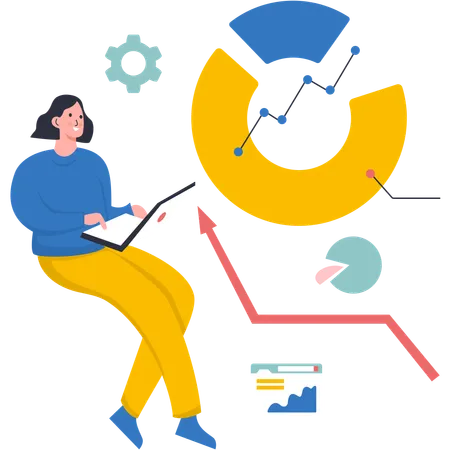 Femme faisant du marketing numérique avec un ordinateur portable et des outils d'analyse de données  Illustration