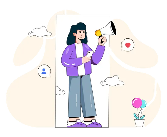 Femme faisant du marketing sur les réseaux sociaux à l'aide d'un mégaphone  Illustration