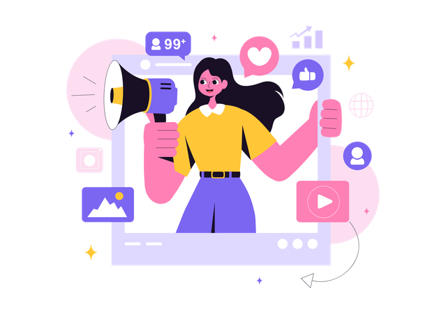 Femme faisant du marketing sur les réseaux sociaux  Illustration