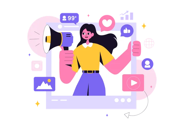 Femme faisant du marketing sur les réseaux sociaux  Illustration