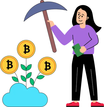 Une femme fait du minage de crypto-monnaies dans le cloud  Illustration