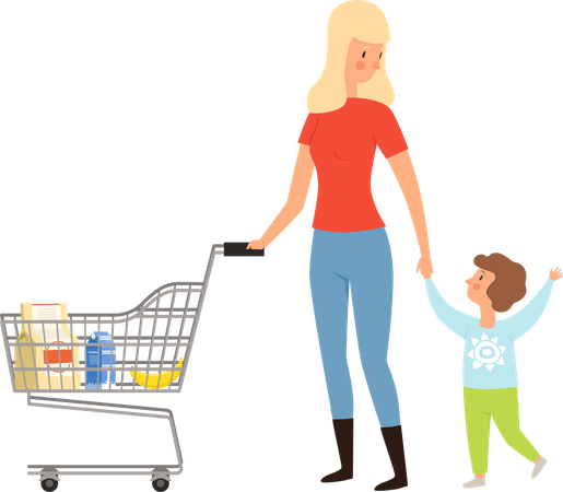 Femme faisant du shopping avec son fils  Illustration