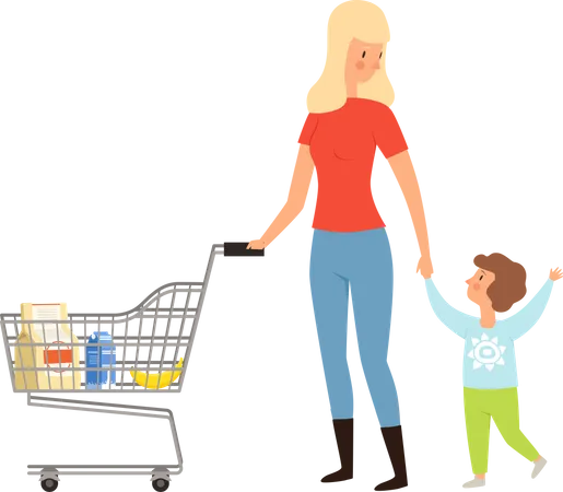 Femme faisant du shopping avec son fils  Illustration