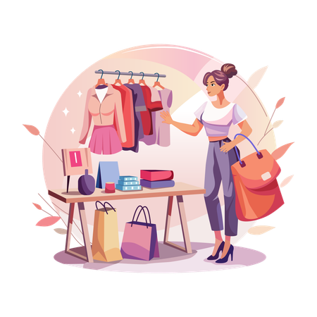 Femme faisant du shopping avec un sac de courses  Illustration