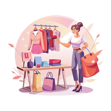 Femme faisant du shopping avec un sac de courses  Illustration