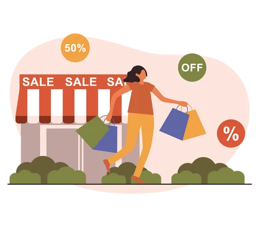 Femme faisant du shopping dans un magasin discount  Illustration