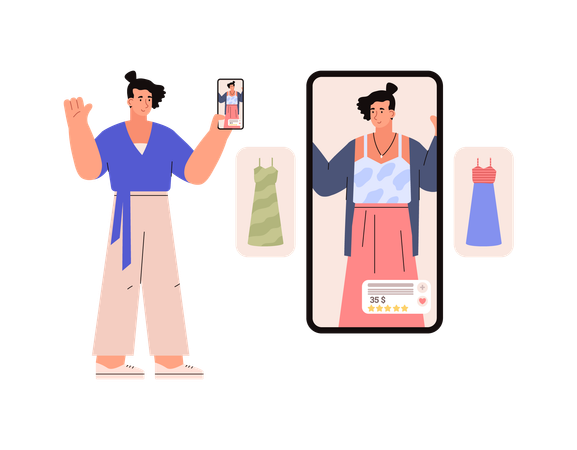 Une femme fait du shopping en utilisant la technologie de réalité augmentée  Illustration