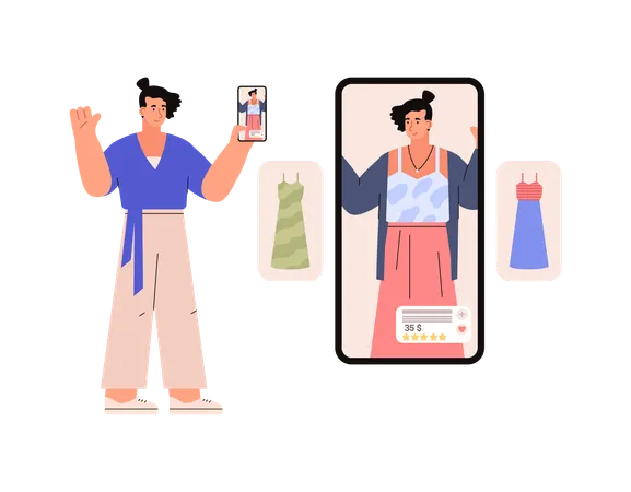 Une femme fait du shopping en utilisant la technologie de réalité augmentée  Illustration