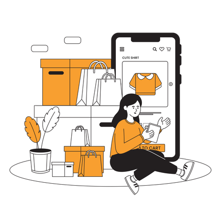 Femme faisant du shopping de vêtements sur une application de commerce électronique  Illustration