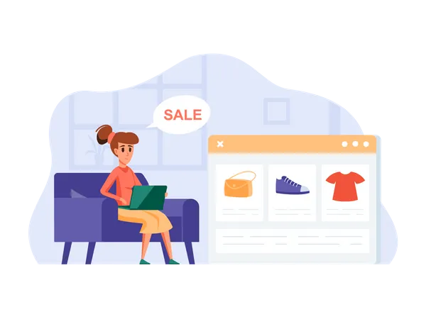 Femme faisant du shopping dans la vente d'achats en ligne  Illustration