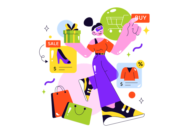 Femme faisant du shopping en réalité virtuelle  Illustration