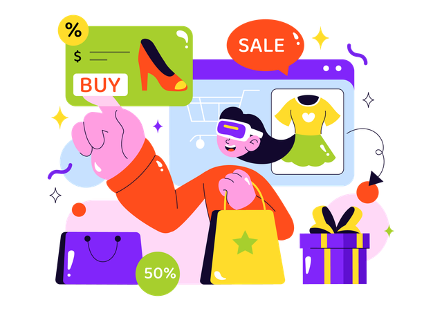 Femme faisant du shopping en réalité virtuelle  Illustration
