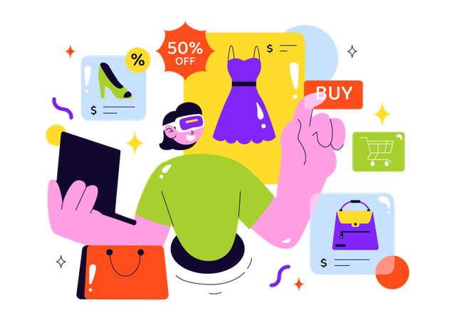 Femme faisant du shopping en réalité virtuelle  Illustration