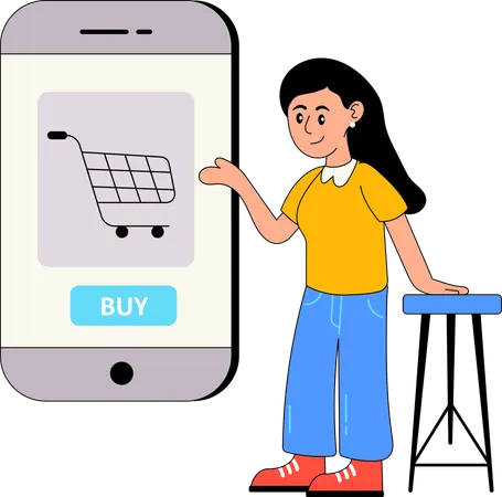 Femme faisant du shopping en utilisant une application de commerce électronique  Illustration