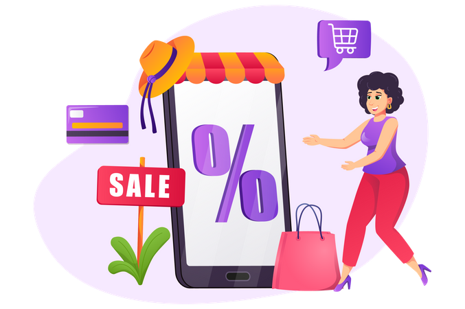 Femme faisant du shopping pendant la vente  Illustration