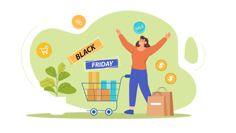 Femme faisant du shopping pendant la vente du Black Friday  Illustration