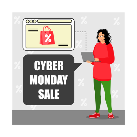 Une femme fait du shopping pendant les soldes du Cyber ​​Monday  Illustration