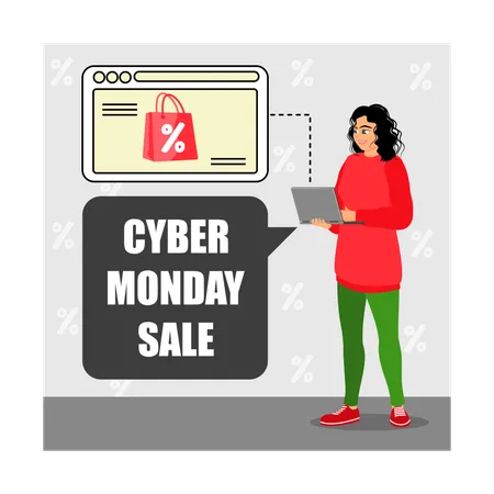 Une femme fait du shopping pendant les soldes du Cyber ​​Monday  Illustration