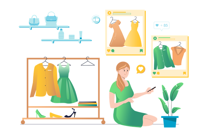 Femme faisant du shopping sur une application de médias sociaux  Illustration