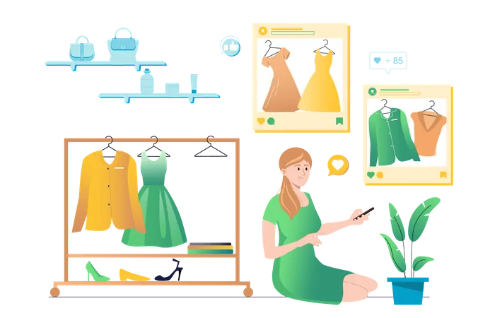 Femme faisant du shopping sur une application de médias sociaux  Illustration