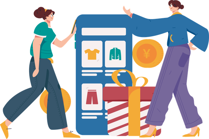 Femme faisant du shopping sur une application mobile  Illustration