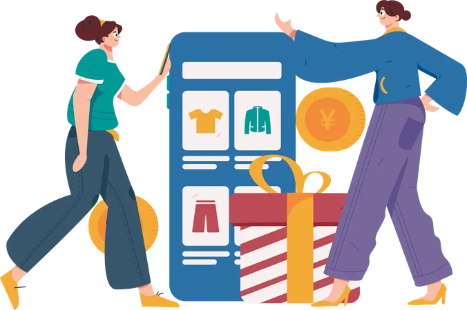 Femme faisant du shopping sur une application mobile  Illustration