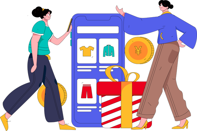 Femme faisant du shopping sur une application mobile  Illustration