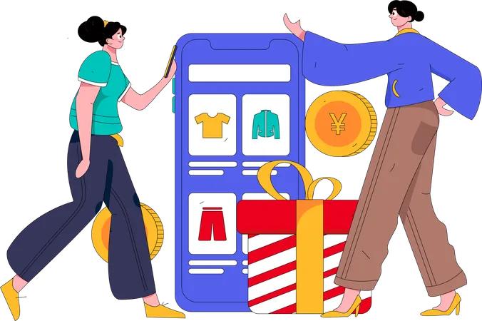 Femme faisant du shopping sur une application mobile  Illustration