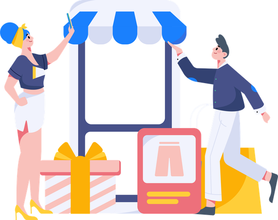 Femme faisant du shopping sur une application mobile  Illustration