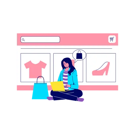 Femme faisant du shopping sur un ordinateur portable  Illustration