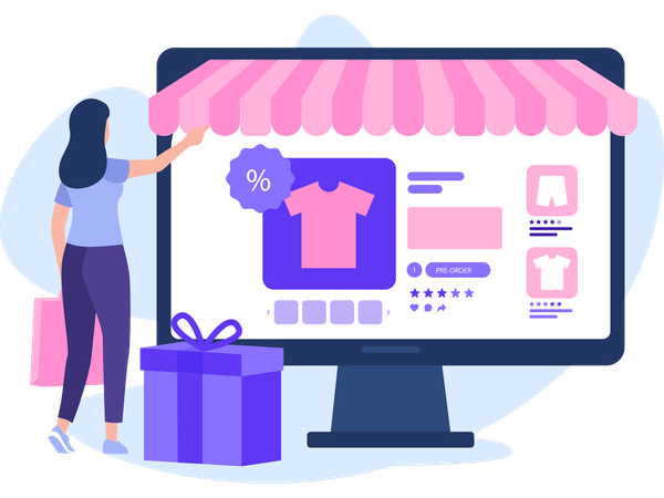 Femme faisant du shopping sur un site de commerce électronique  Illustration