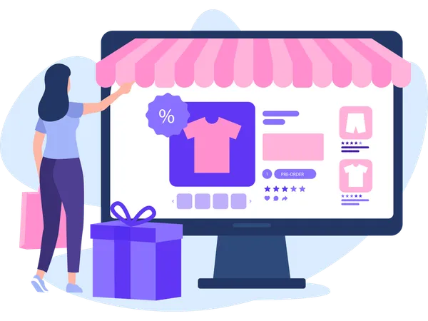 Femme faisant du shopping sur un site de commerce électronique  Illustration