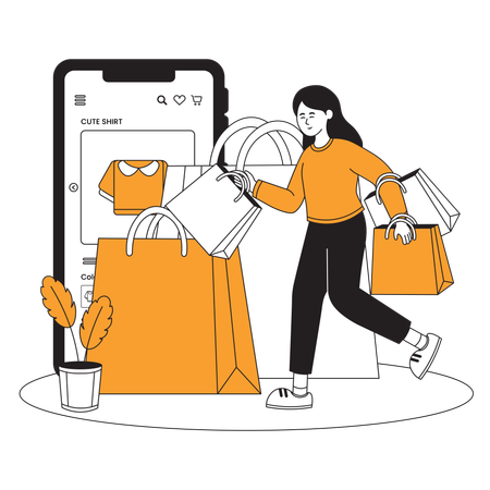 Femme faisant du shopping sur une application de commerce électronique  Illustration