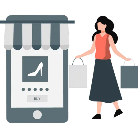 Femme faisant du shopping sur une application mobile  Illustration