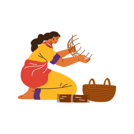 Femme faisant du tissage de paniers  Illustration