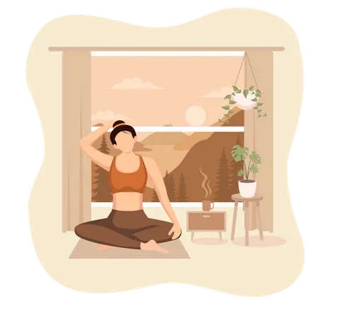 Femme faisant du yoga à la maison  Illustration