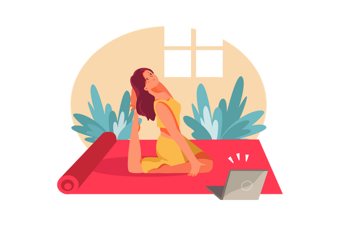 Femme faisant du yoga à la maison en apprenant depuis un ordinateur portable  Illustration