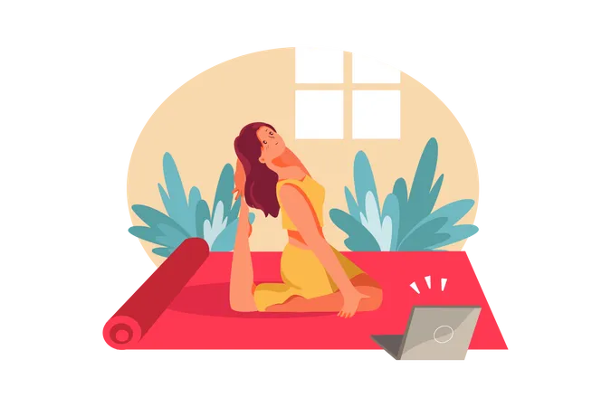 Femme faisant du yoga à la maison en apprenant depuis un ordinateur portable  Illustration