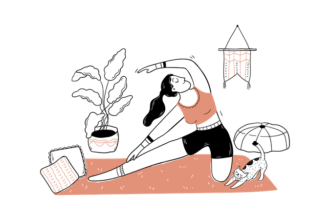 Femme faisant du yoga à la maison pendant une pandémie de coronavirus  Illustration